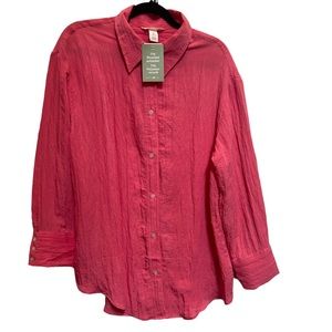 Women’s H&M Crinkled Chiffon Hot Pink Button Down Long Sleeve Shirt